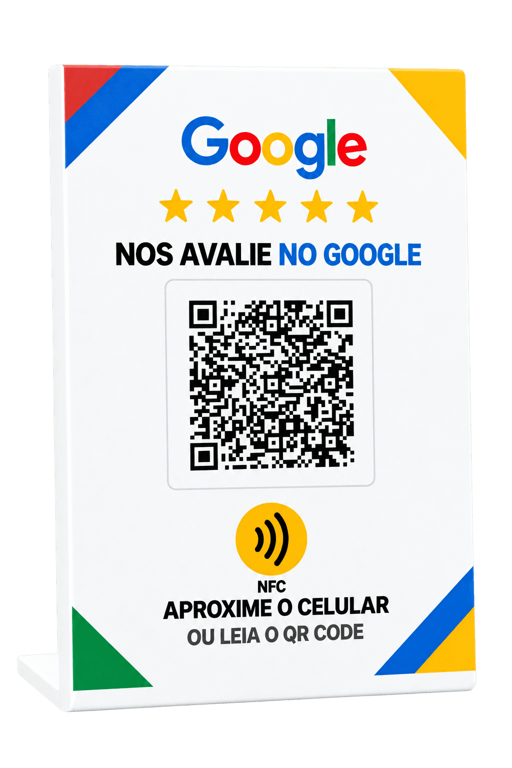 Placa de avaliação Google em acrílico branco em L, com QR Code e a frase Nos avalie no Google