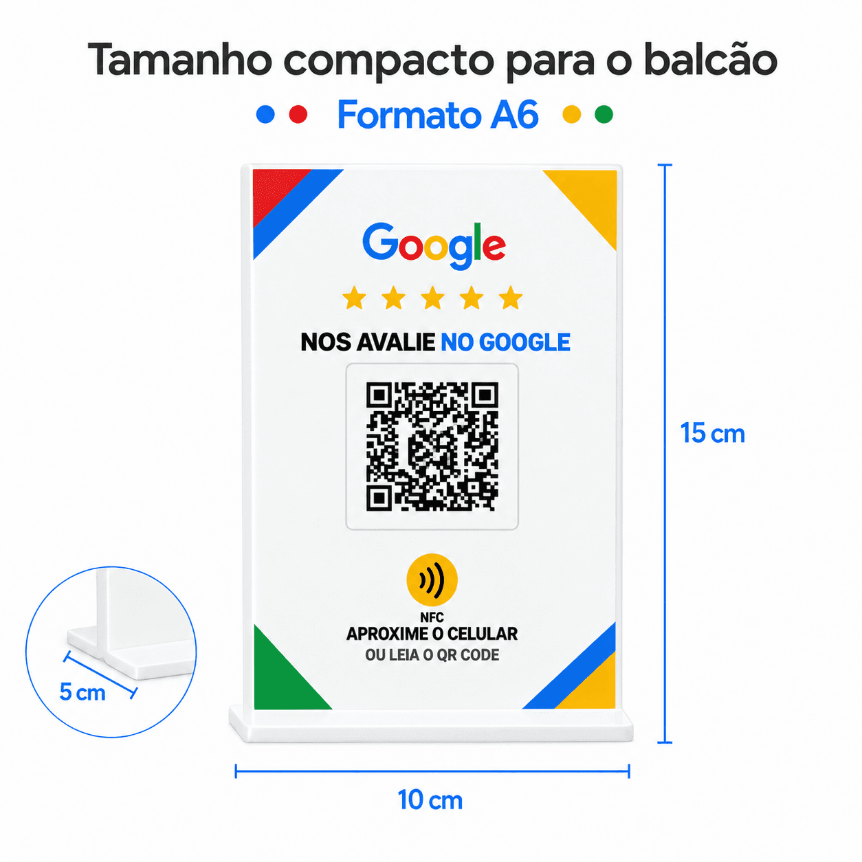 Placa de avaliação com medidas de 10 centímetros de largura, 15 de altura e base de 5 centímetros